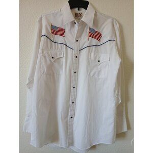 Ely Diamond Western Shirt Mens M White LS Pearl Snap Eagle USA Flag 4th of July.